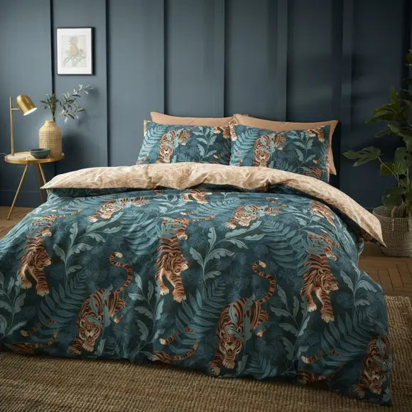 Catherine Lansfield Tropic Tiger Leaf Reversible Green Duvet Cover & Pillowcase Set Dunelm