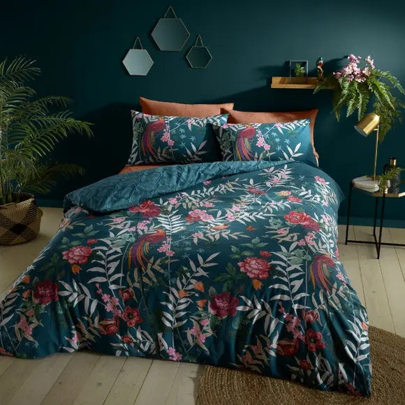 Catherine Lansfield Tropical Floral Birds Reversible Green Duvet Cover & Pillowcase Set Dunelm