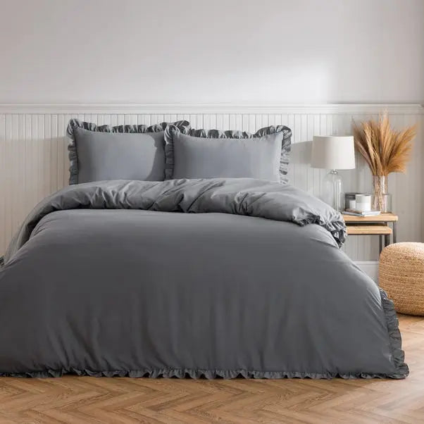 Charcoal Briona Frilled Edge Duvet Cover & Pillowcase Set Dunelm