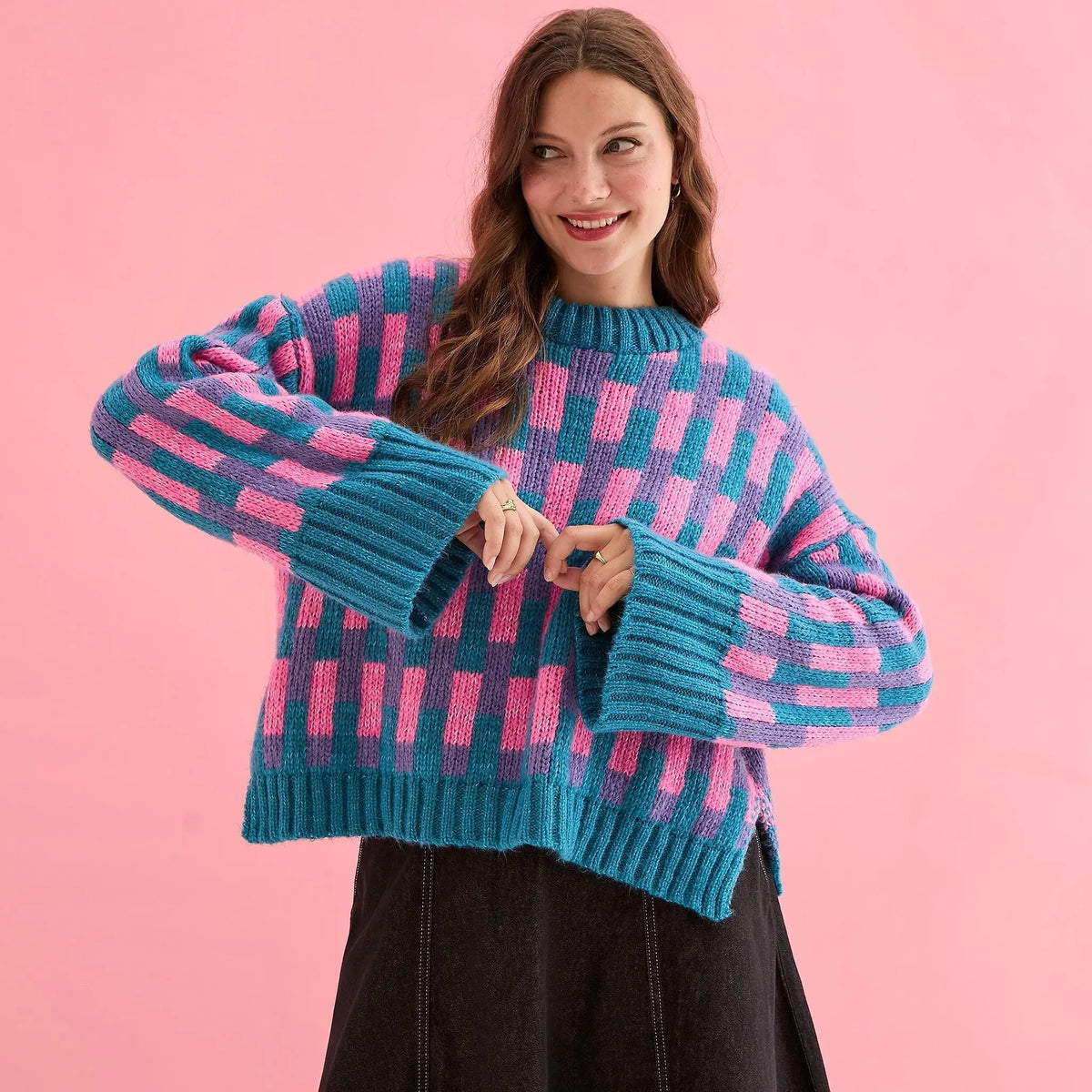 Charlotte Geometric Pattern Wide Sleeve Knit Jumper - Teal Cara & The Sky