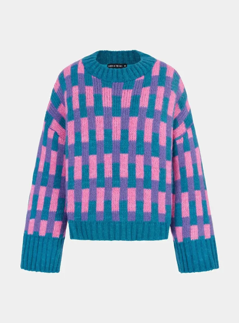 Charlotte Geometric Pattern Wide Sleeve Knit Jumper - Teal Cara & The Sky