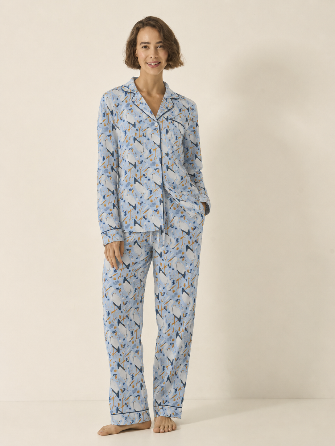 Herons on Blue Women's Cotton Pyjama Trouser Set