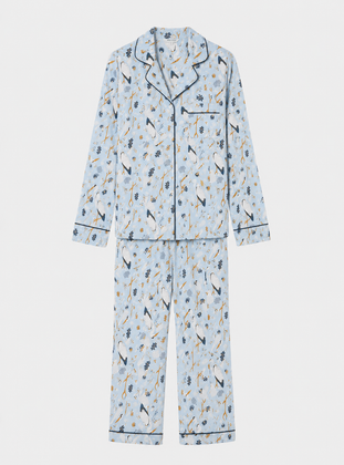 Herons on Blue Women's Cotton Pyjama Trouser Set Myza