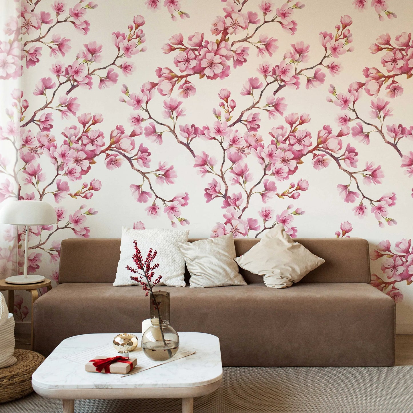 Cherry Blossom Mural | Japanese Sakura Flowers | Blooming in Spring Peel and Stick Wallpaper | Removable Wallpaper Watercolor ClickWalls