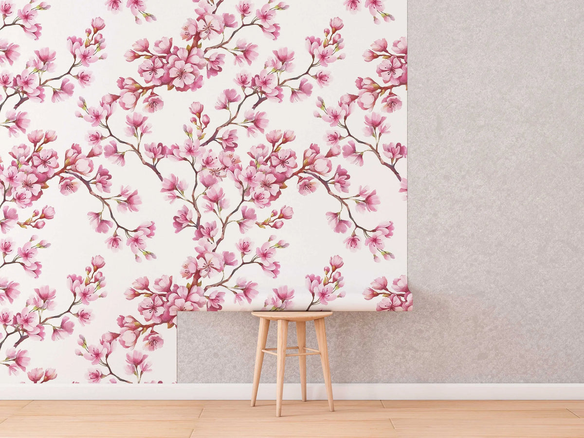 Cherry Blossom Mural | Japanese Sakura Flowers | Blooming in Spring Peel and Stick Wallpaper | Removable Wallpaper Watercolor ClickWalls