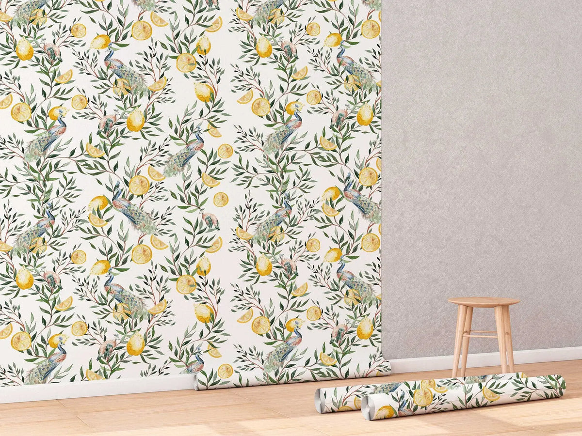 Chinoiserie Wallpaper | Peel and Stick or Traditional | Watercolor Peacock with Tree Wall Mural | Self Adhesive Floral Wallpaper | Removable ClickWalls