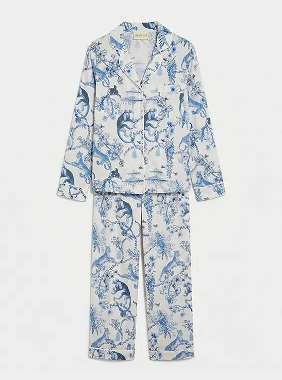 Chinoiserie Whimsy Women's Long Sleeve Organic Cotton Pyjama Trouser Set Myza