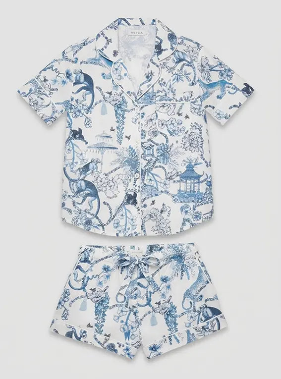 Chinoiserie Whimsy Women's Short Sleeve Organic Cotton Pyjama Short Set Myza