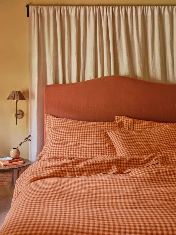Cinnamon & Peach Colour Drenched Gingham Linen Blend Duvet Cover Piglet