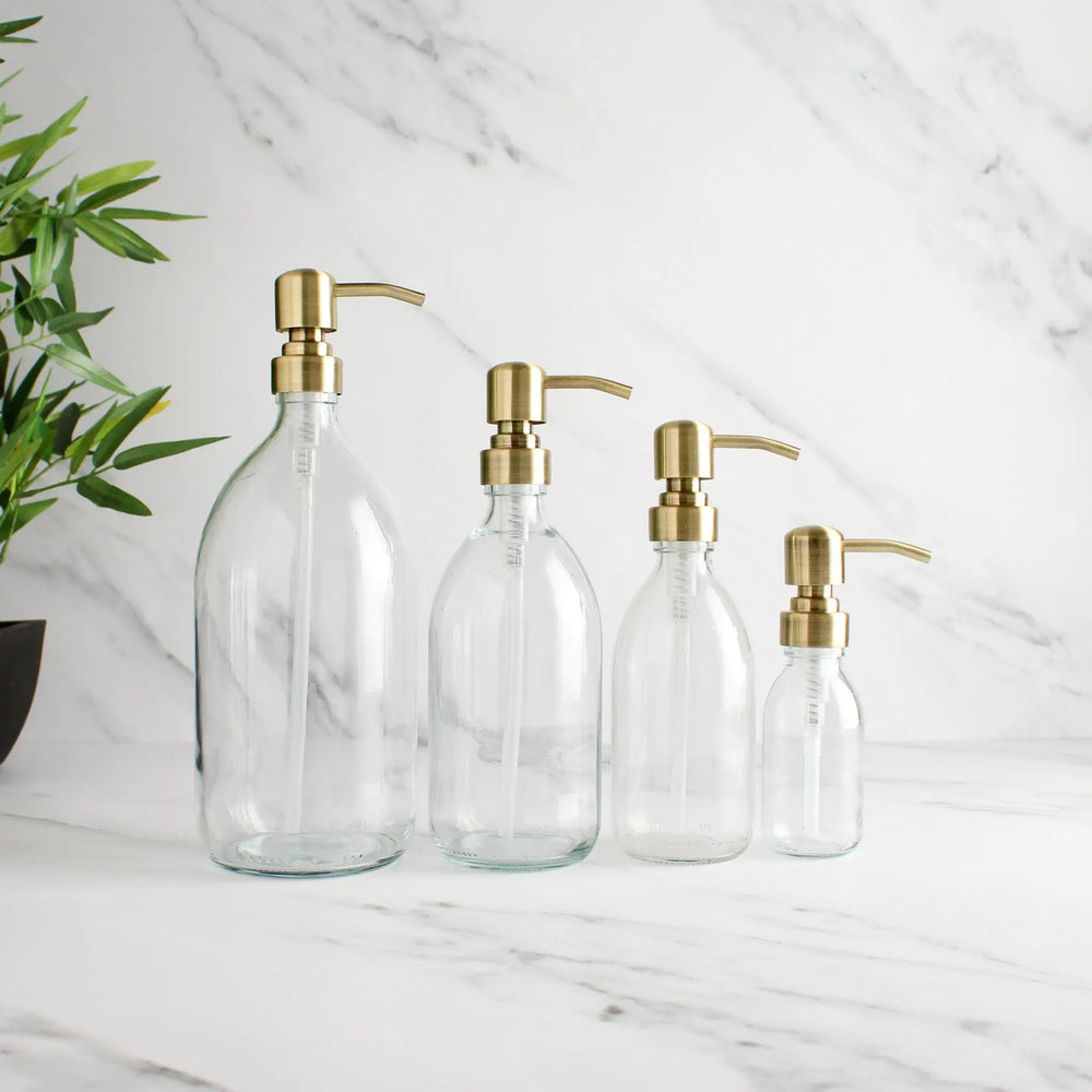 Clear Glass Dispenser Bottle With Gold Pump Namie Home