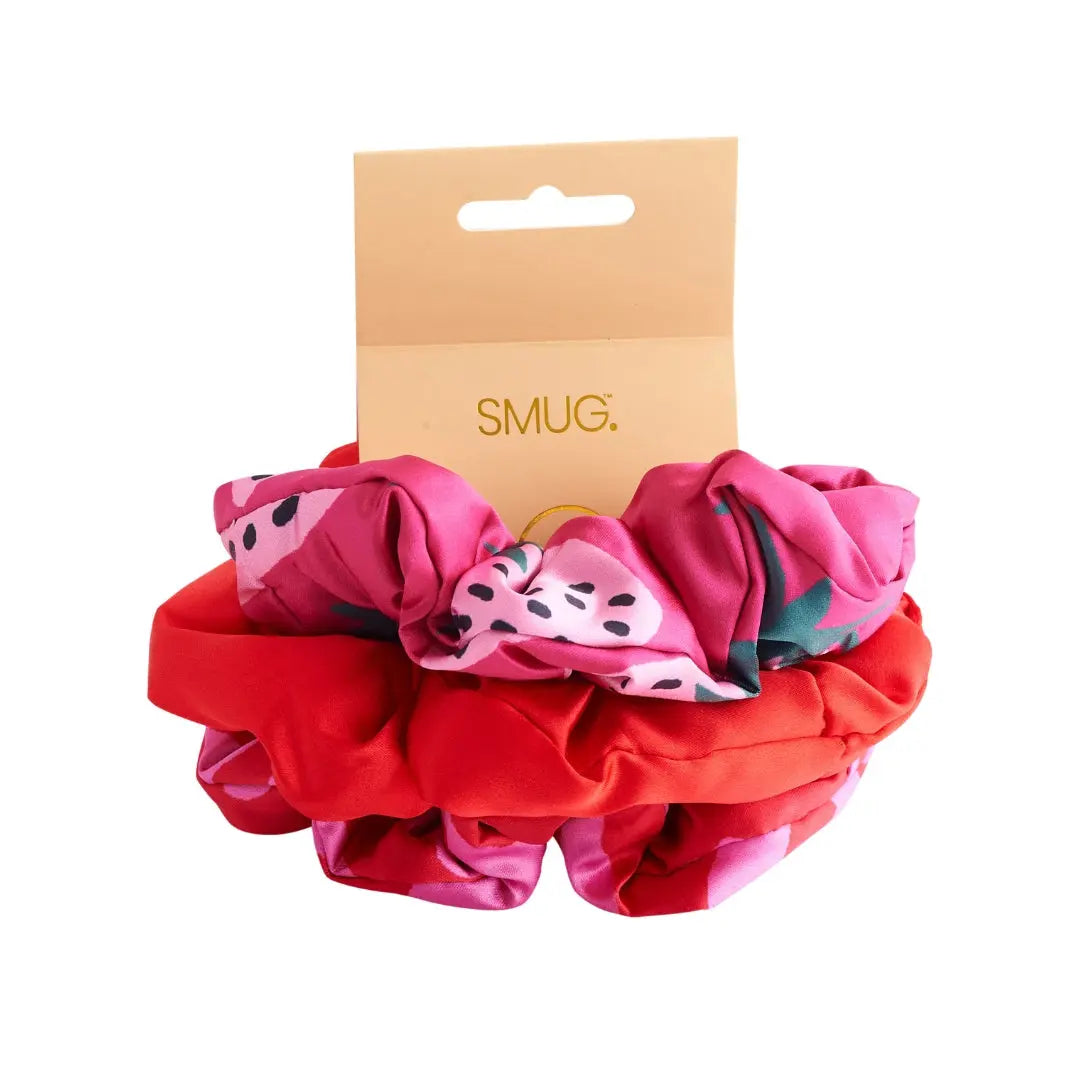 Cloud Satin Hair Scrunchie Set (set of 3) - Strawberry Leopard SMUG