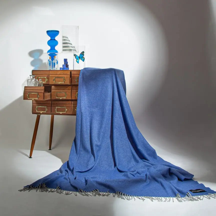 Cobalt Blue & French Grey Reversible Love Stories 100% Cashmere Blanket Heating & Plumbing London