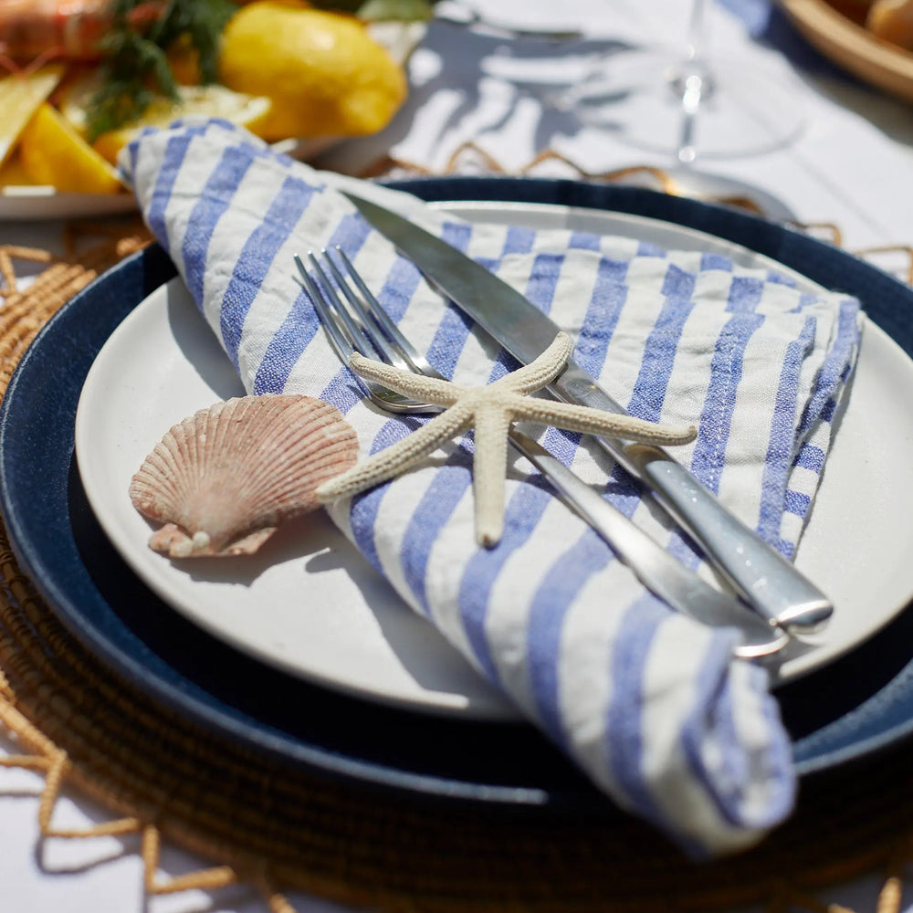 Cobalt Cora Mid Stripe 100% Linen Napkins - Set of 4 The Secret Linen Store