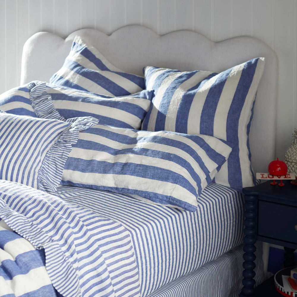 Cobalt Cora Stripe 100% Linen Fitted Sheet The Secret Linen Store