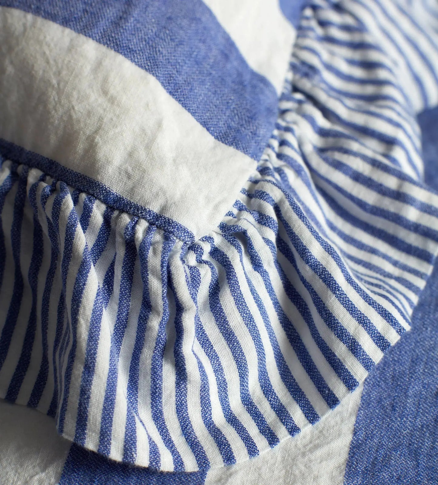 Cobalt Cora Wide Stripe 100% Linen Frill Edge Cushion Cover The Secret Linen Store