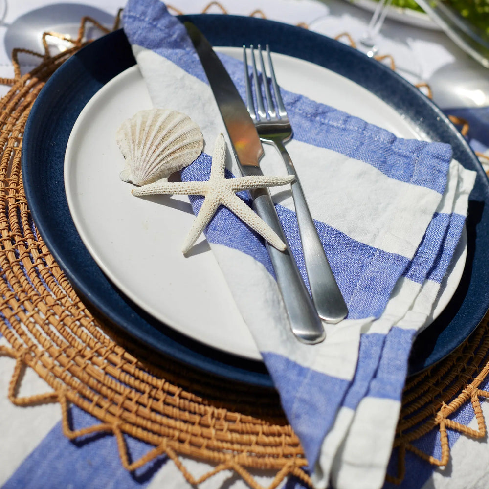 Cobalt Cora Wide Stripe 100% Linen Napkins - Set of 4 The Secret Linen Store
