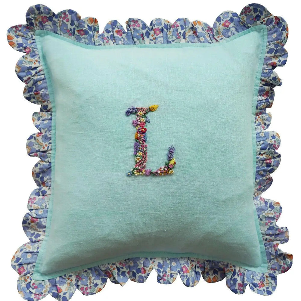 Coco & Wolf X Polly Wren Studios Embroidered Letter Scallop Edge Cushion Made With Liberty Fabric BETSY Coco & Wolf