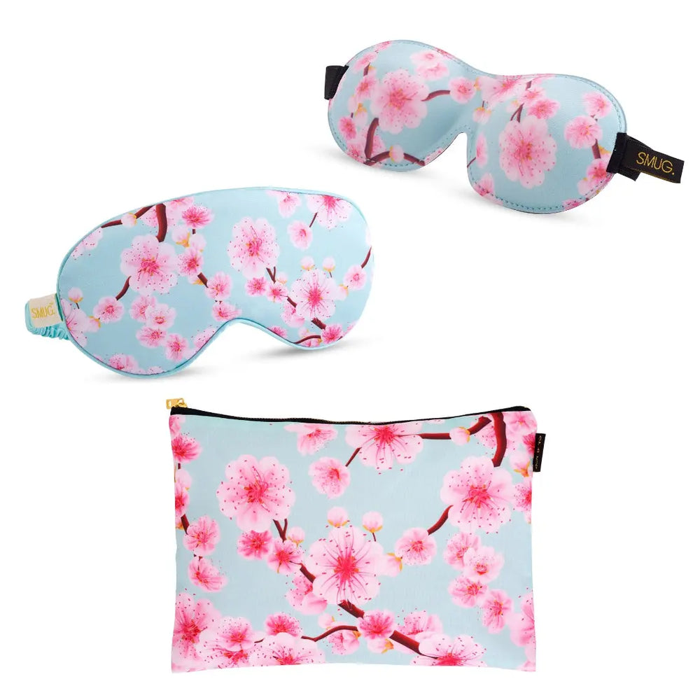 Contoured & Satin Sleep Mask Double Pack & Accessories Bag Set - Cherry Blossom Print SMUG