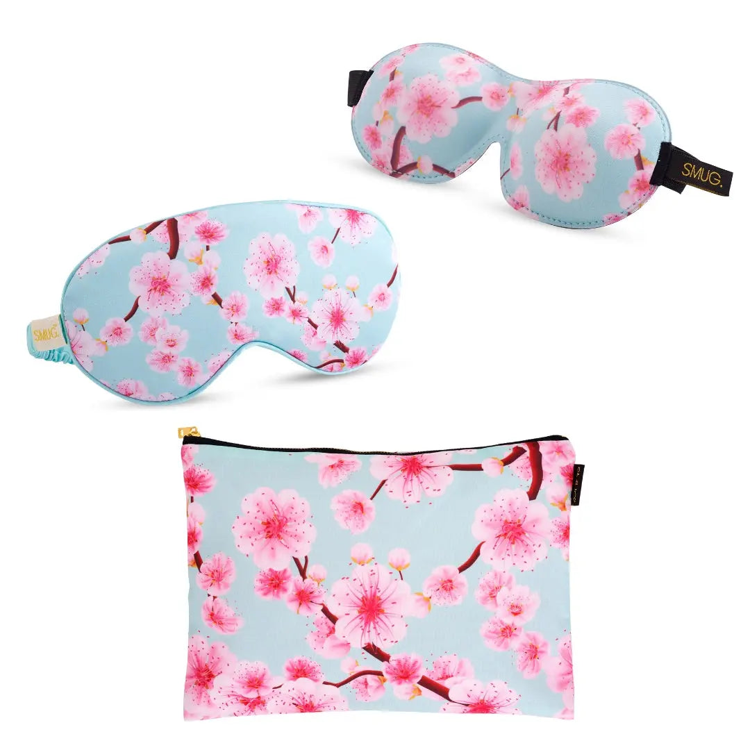 Contoured & Satin Sleep Mask Double Pack & Accessories Bag Set - Cherry Blossom Print SMUG