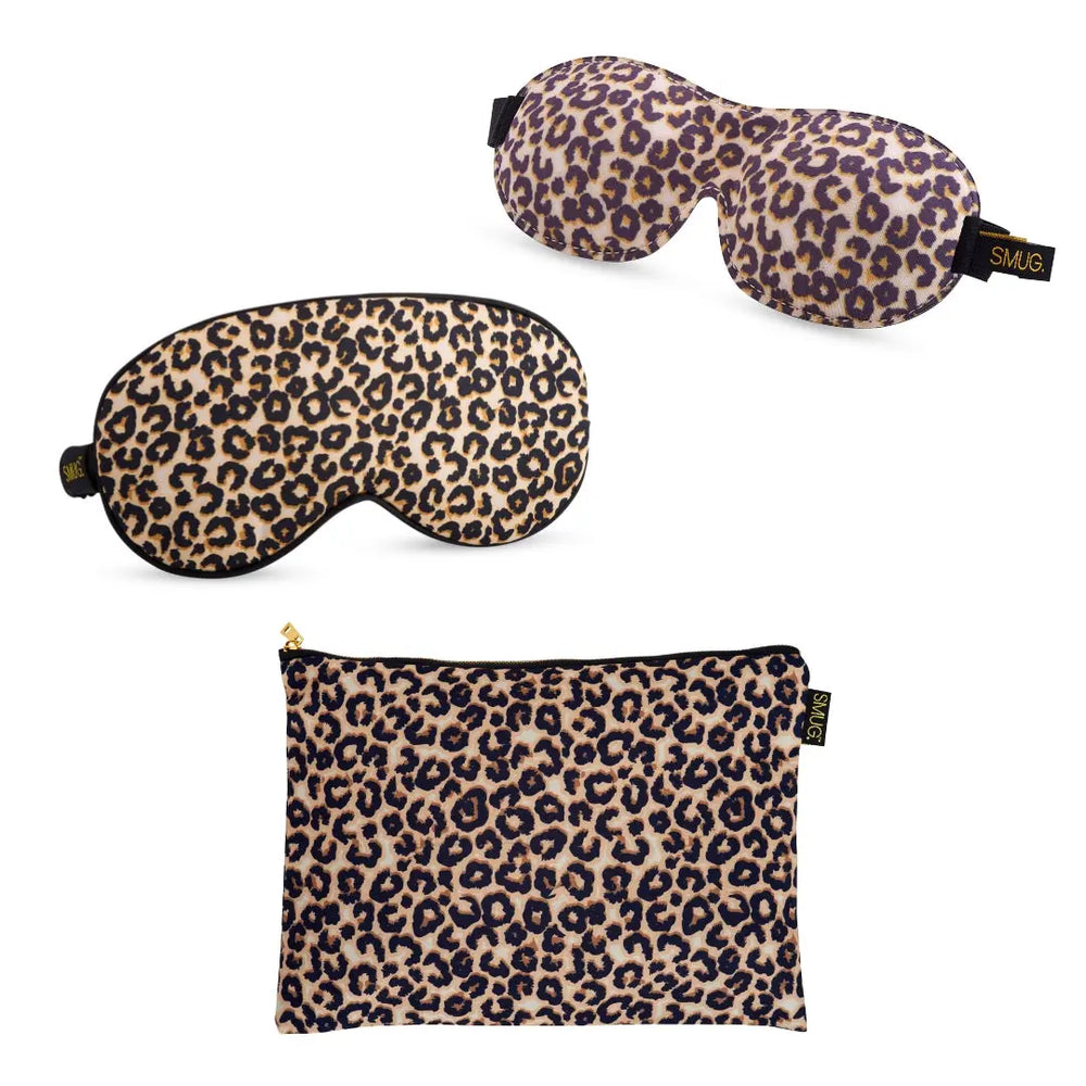 Contoured & Satin Sleep Mask Double Pack & Accessories Bag Set - Leopard SMUG