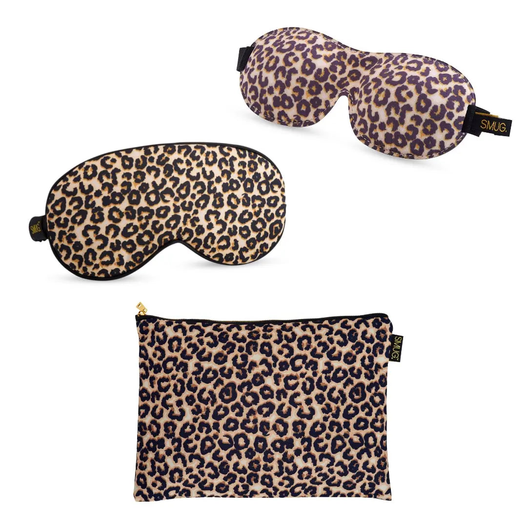 Contoured & Satin Sleep Mask Double Pack & Accessories Bag Set - Leopard SMUG