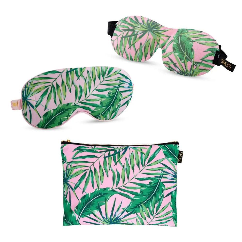 Contoured & Satin Sleep Mask Double Pack & Accessories Bag Set - Palm SMUG