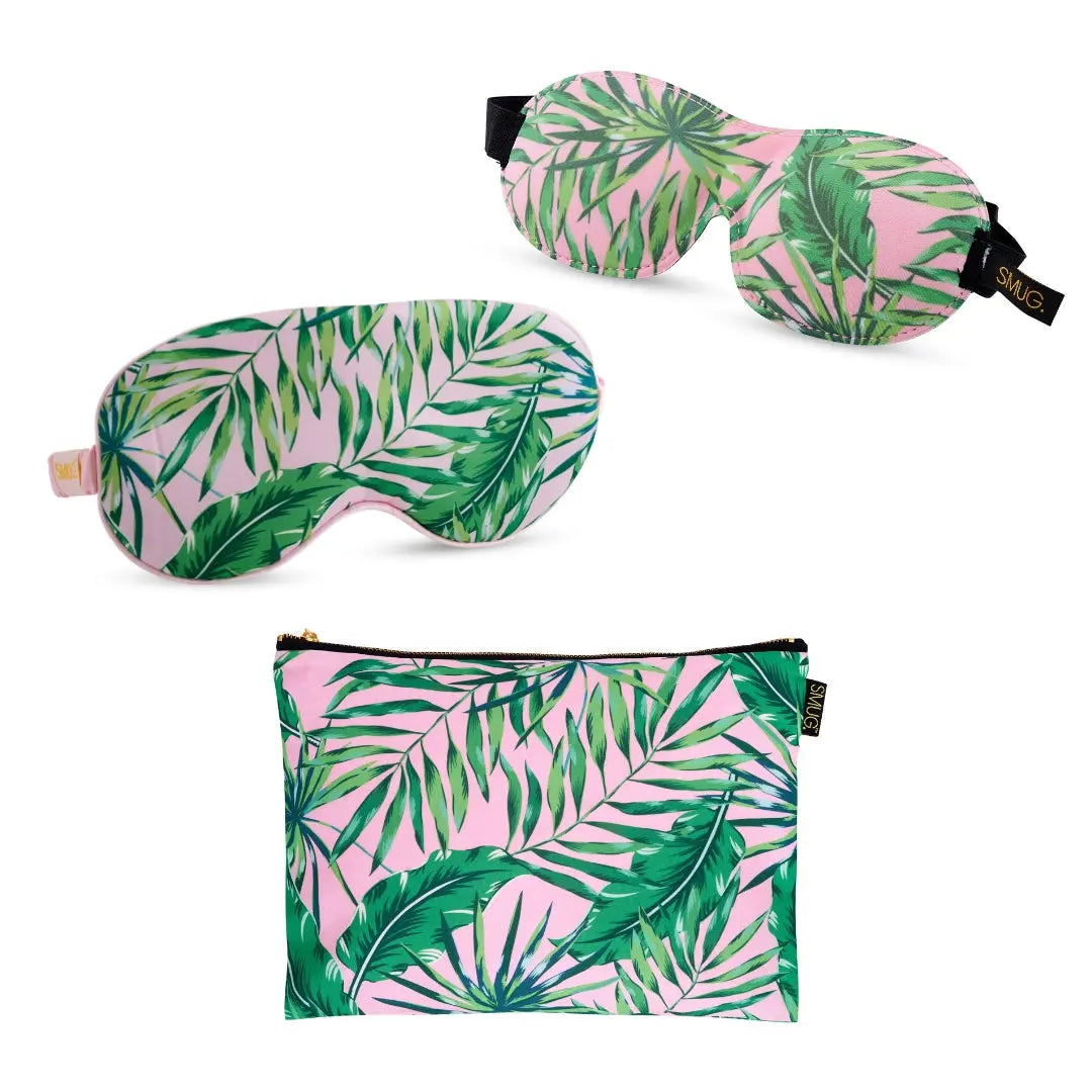 Contoured & Satin Sleep Mask Double Pack & Accessories Bag Set - Palm SMUG