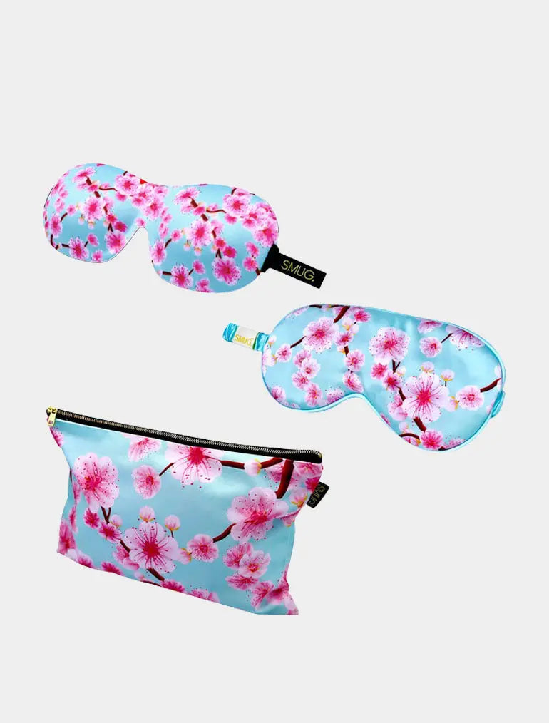 Contoured & Satin Sleep Mask Double Pack & Cherry Blossom Accessory Bag Set - Cherry Blossom Print SMUG