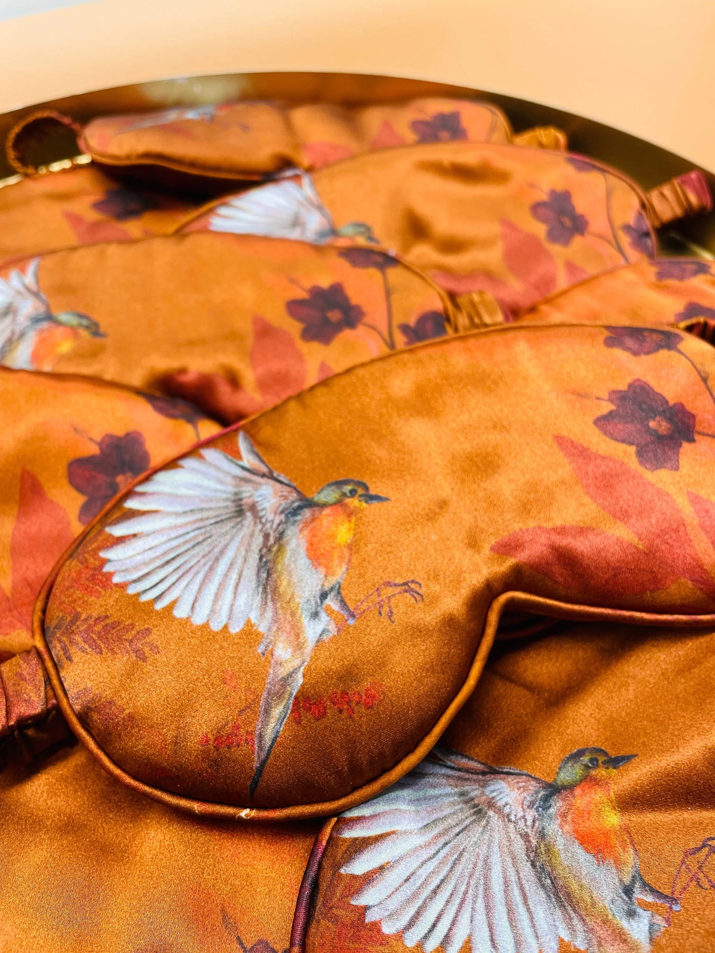 Copper silk eye masks for sleep or meditation in beautiful 'Ember' print hand painted design Alice Acreman Silks