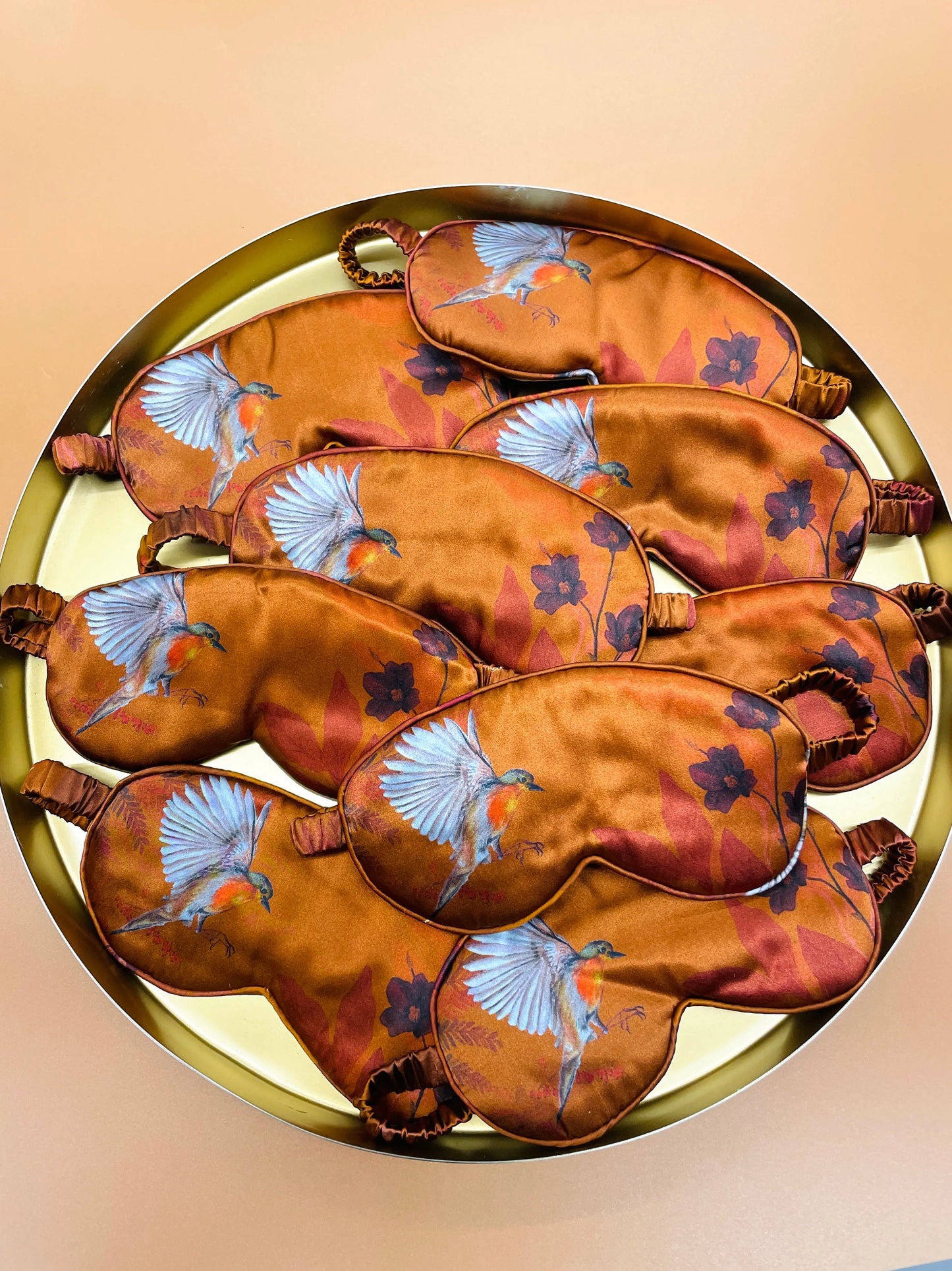 Copper silk eye masks for sleep or meditation in beautiful 'Ember' print hand painted design Alice Acreman Silks