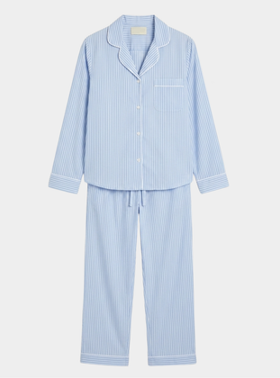 Blue Stripe Women's Long Sleeve Organic Cotton Pyjama Trouser Set