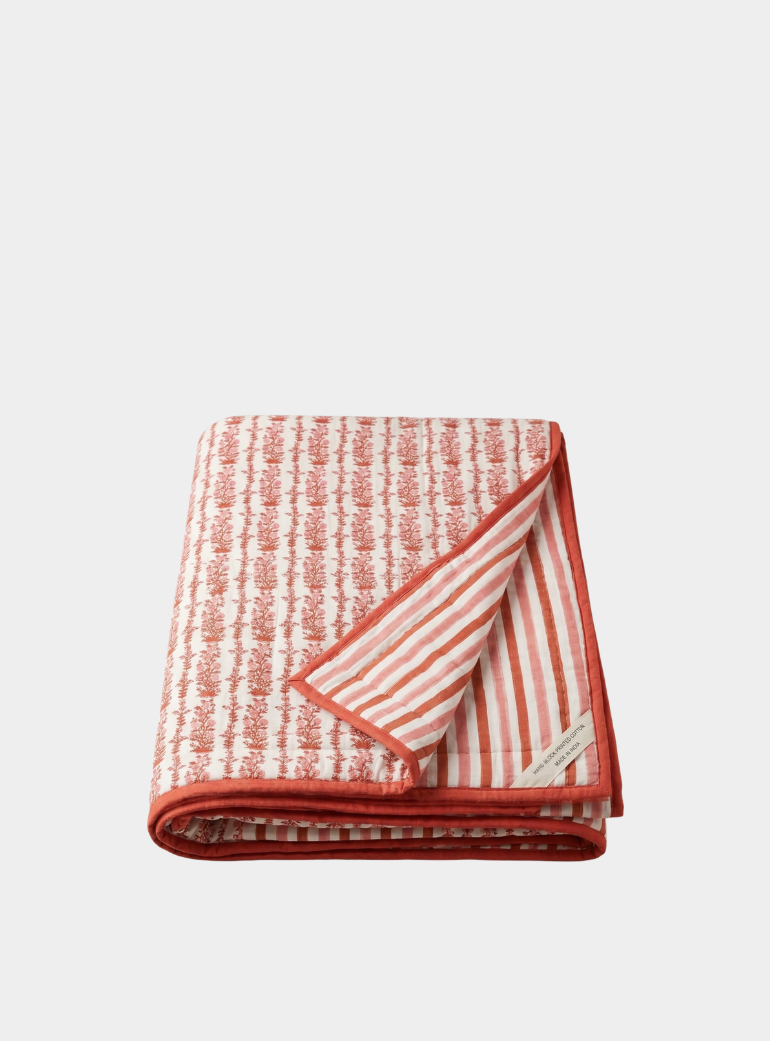 Terracotta Pink Floral and Stripe Bed Quilt Kapara London