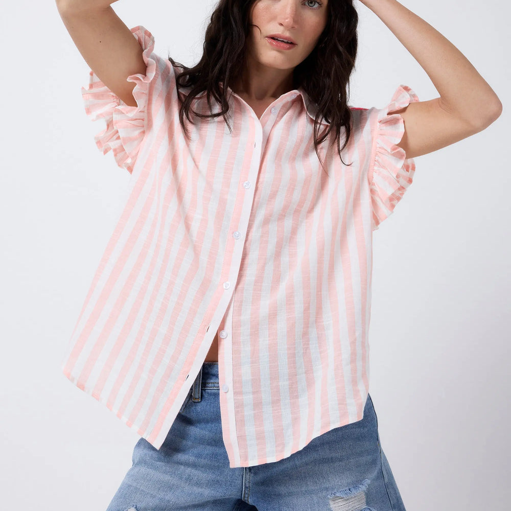 Coral and White Stripe Frill Sleeve Shirt Scamp & Dude