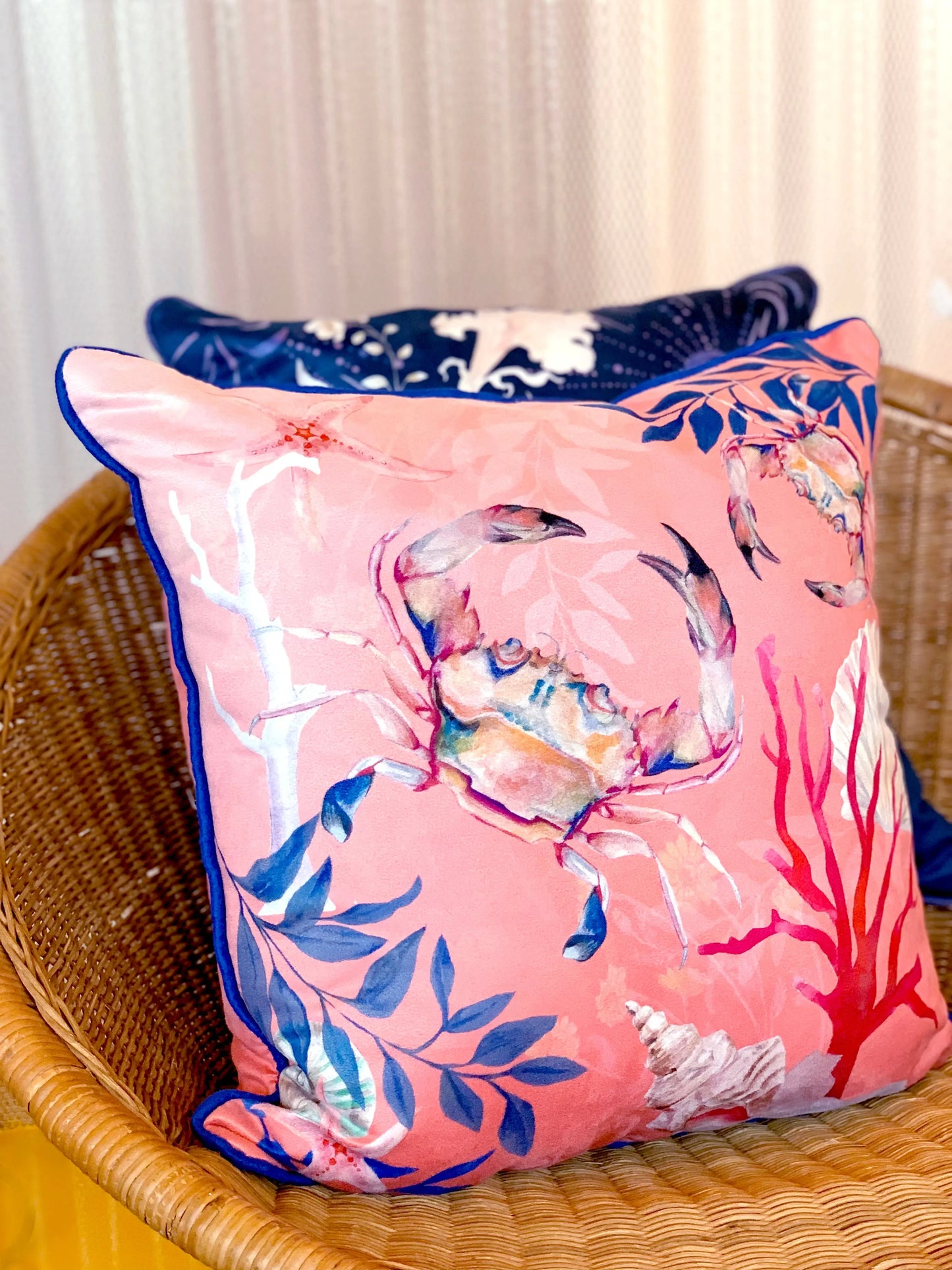 Coral watercolour art Cushion 'Pure shores' double sided design with starfish illustration, made from Vegan friendly Suede Alice Acreman Silks