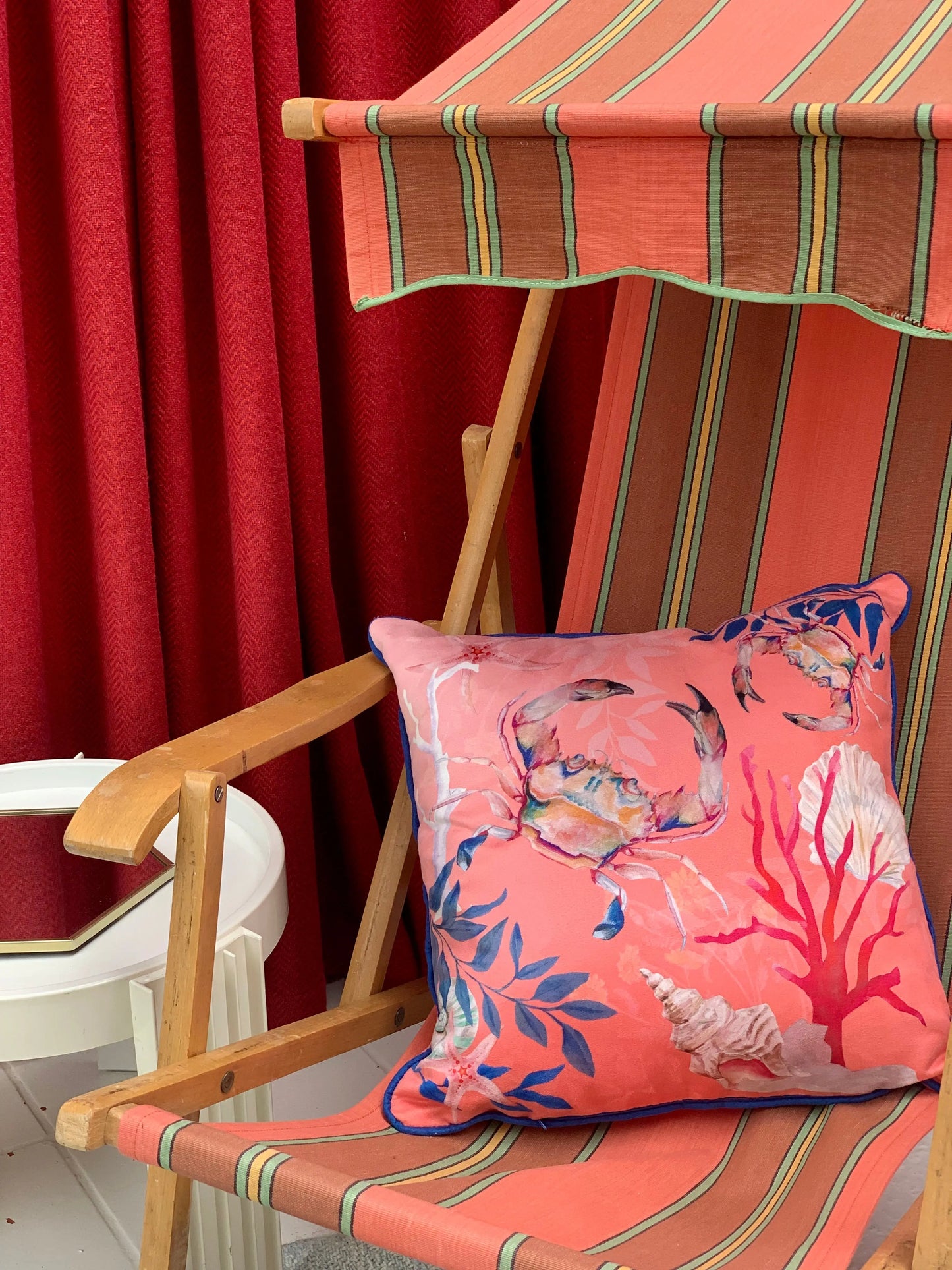 Coral watercolour art Cushion 'Pure shores' double sided design with starfish illustration, made from Vegan friendly Suede Alice Acreman Silks