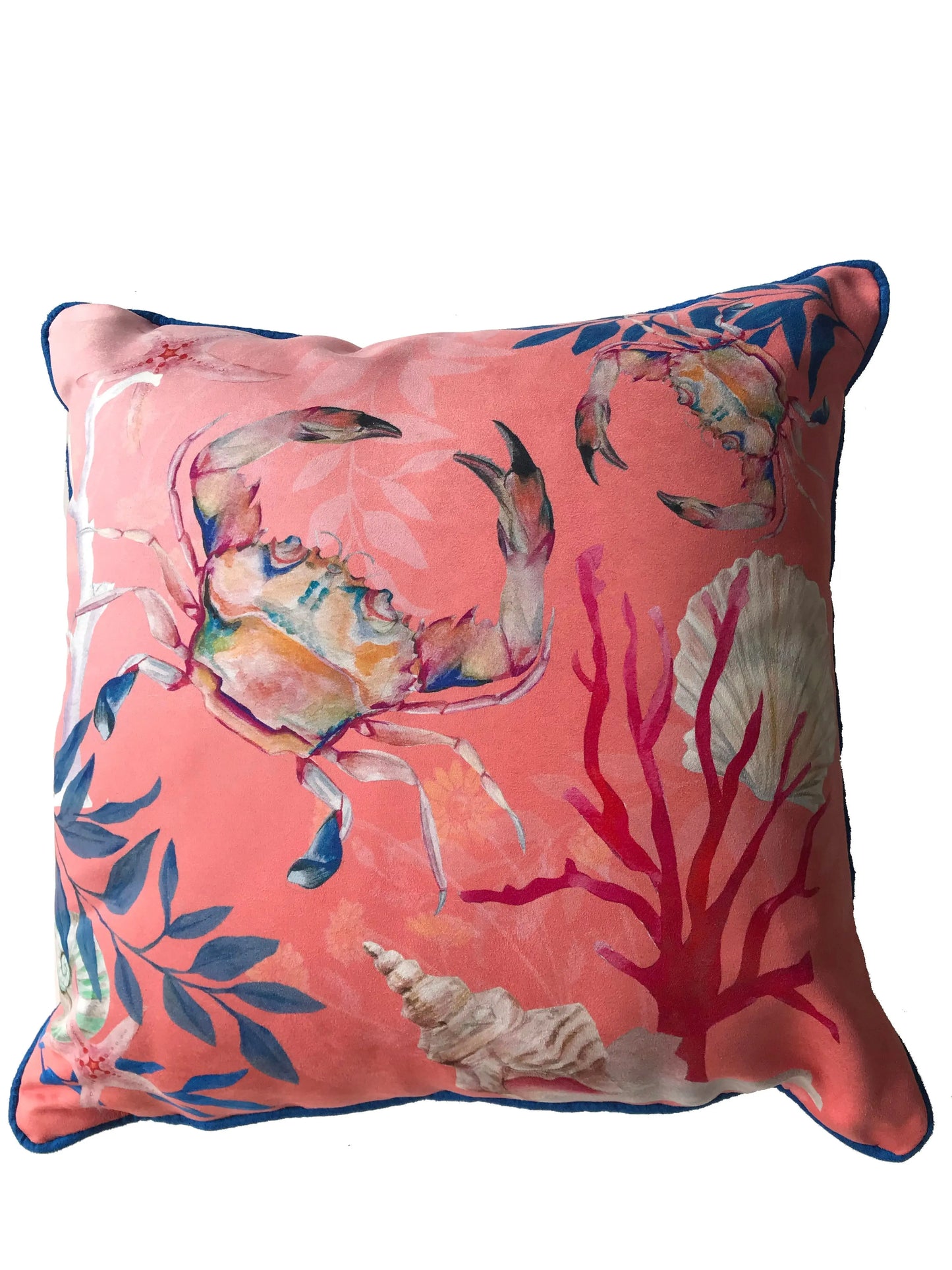 Coral watercolour art Cushion 'Pure shores' double sided design with starfish illustration, made from Vegan friendly Suede Alice Acreman Silks