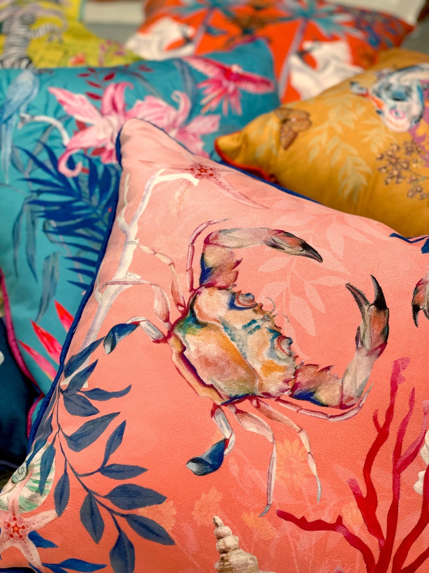 Coral watercolour art Cushion 'Pure shores' double sided design with starfish illustration, made from Vegan friendly Suede Alice Acreman Silks