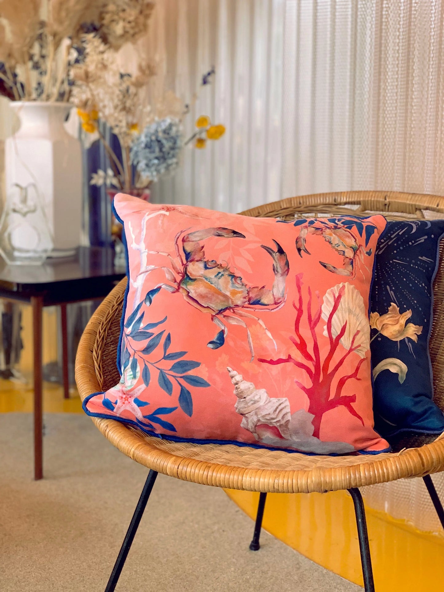Coral watercolour art Cushion 'Pure shores' double sided design with starfish illustration, made from Vegan friendly Suede Alice Acreman Silks