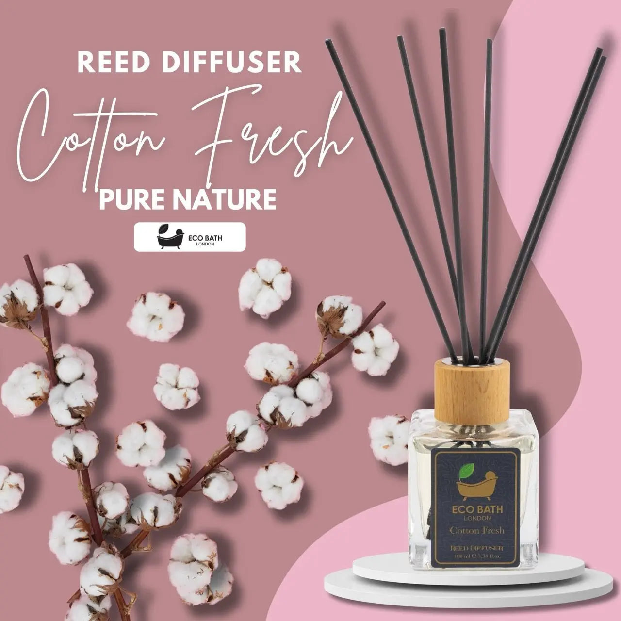 Cotton Fresh Reed Diffuser 100ml (3.38 Fl.Oz) - Luxurious Calming Reed Diffuser for Home Fragrance Eco Bath London