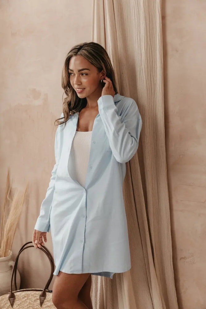Cotton Modal Relaxed Nightshirt in Sky Blue Pretty You London