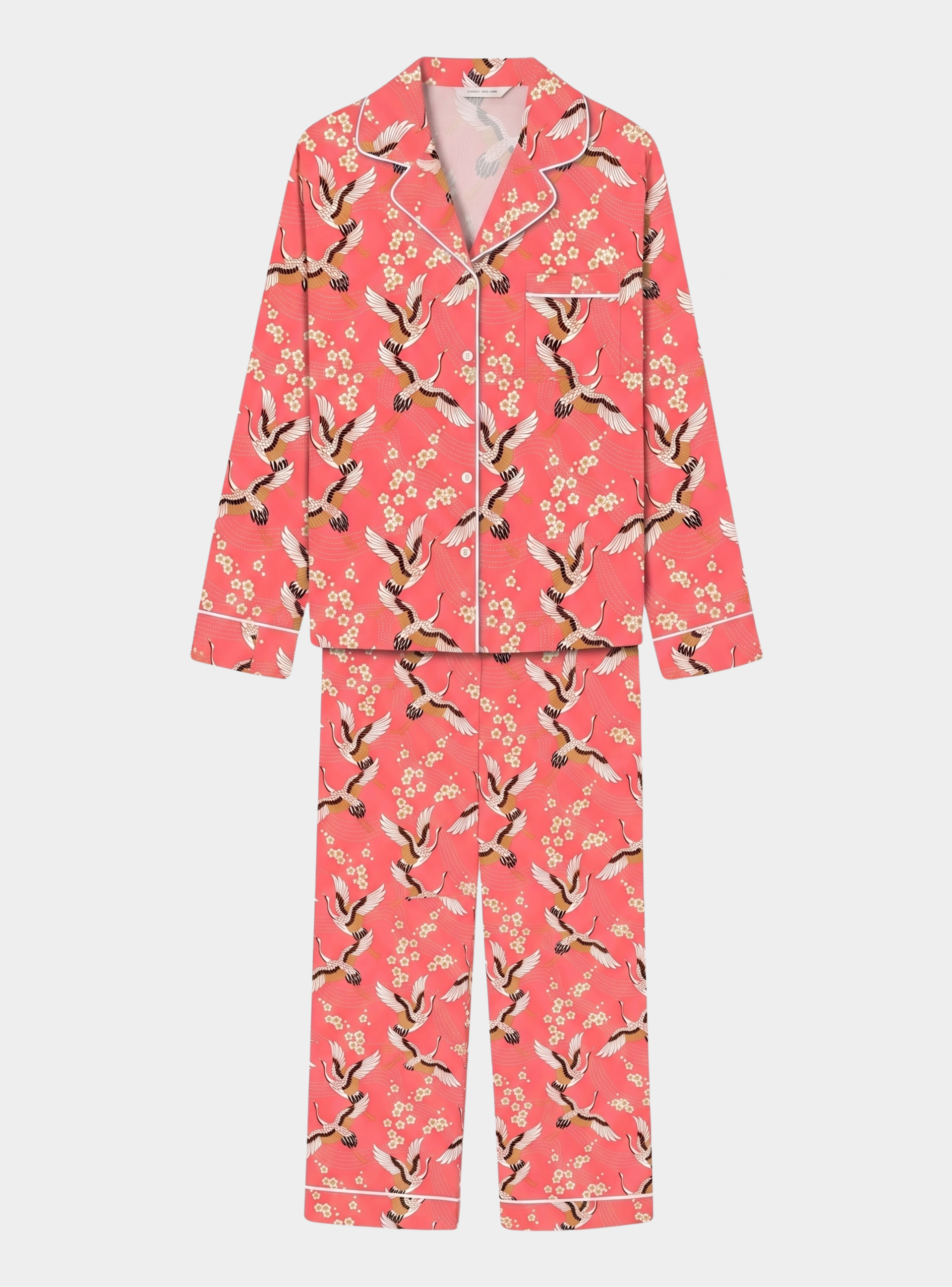 Japanese Crane on Long Sleeve Organic Cotton Pyjama Trouser Set