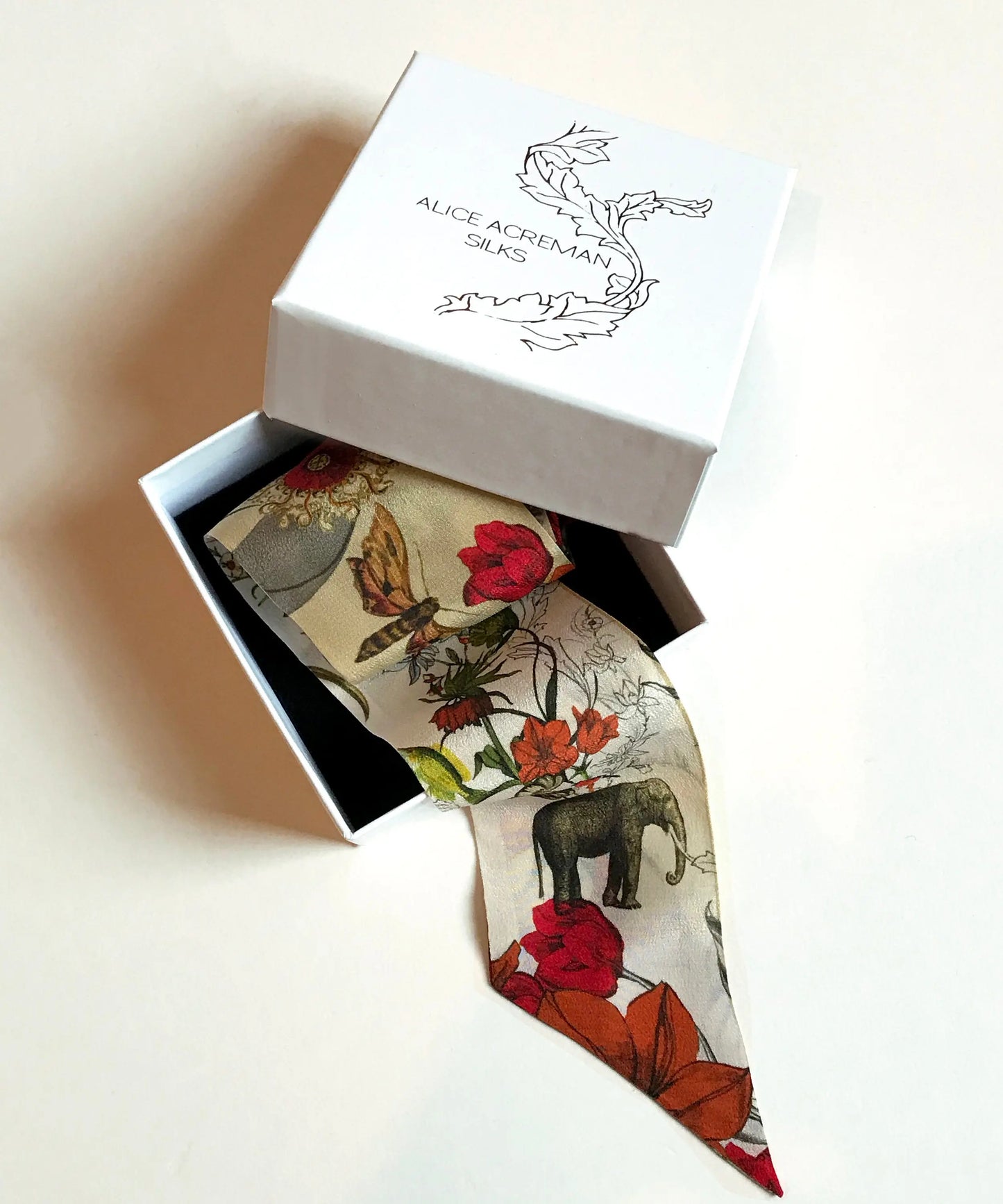 Cream 'Skinny' Silk scarf in the botanical  'Evolution' Print, delicate, lightweight Twilly style scarf accessory Alice Acreman Silks