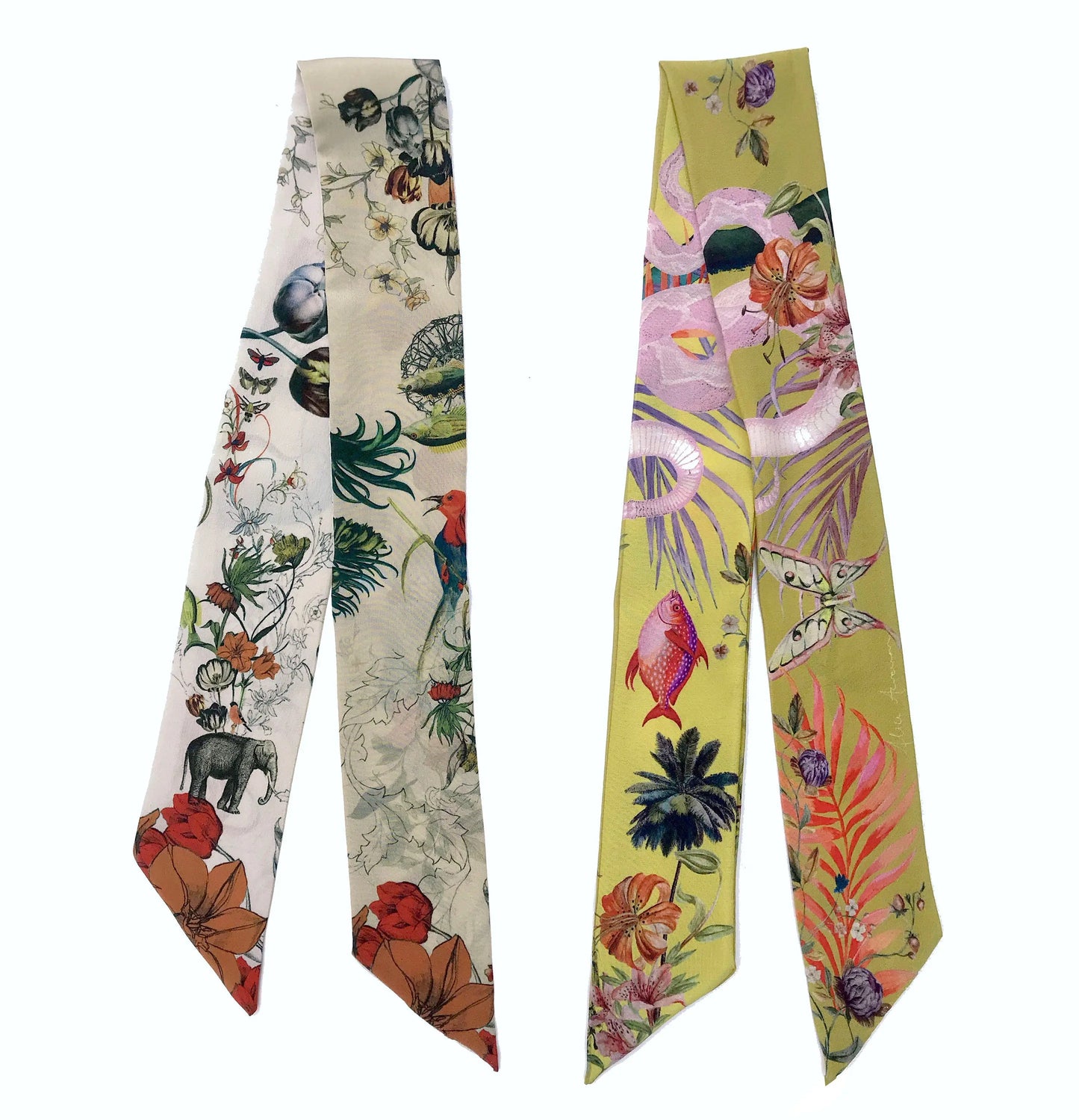 Cream 'Skinny' Silk scarf in the botanical  'Evolution' Print, delicate, lightweight Twilly style scarf accessory Alice Acreman Silks