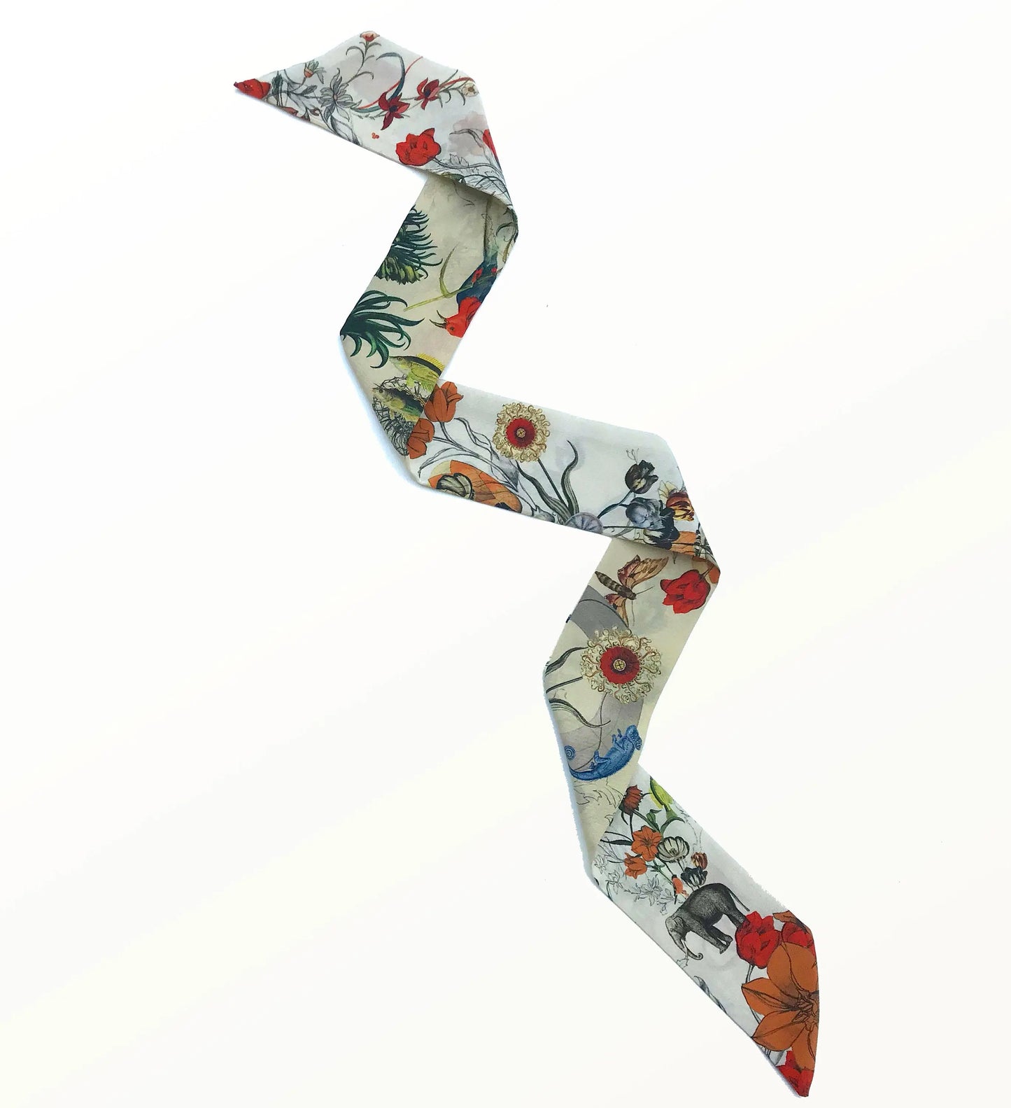 Cream 'Skinny' Silk scarf in the botanical  'Evolution' Print, delicate, lightweight Twilly style scarf accessory Alice Acreman Silks