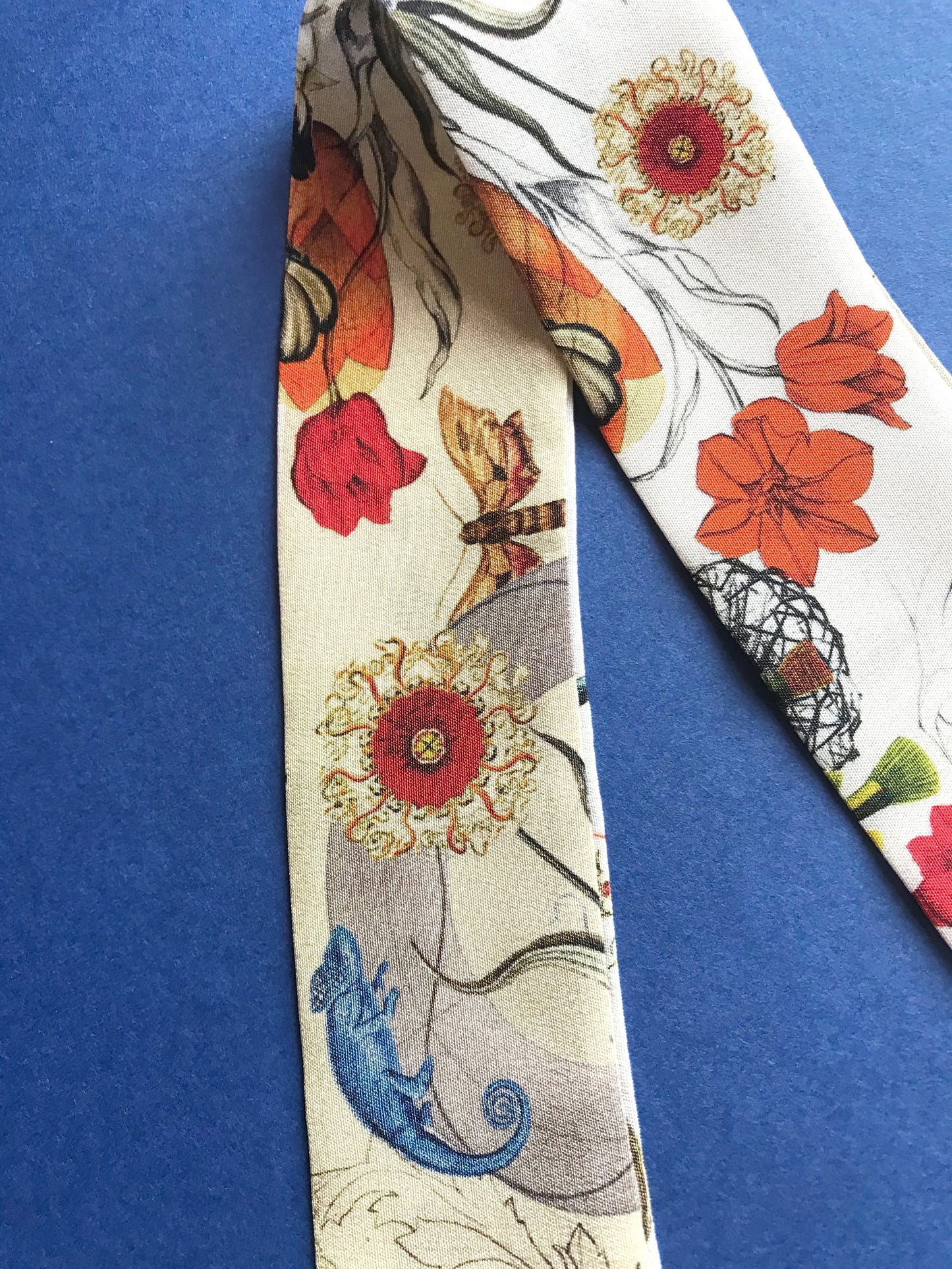 Cream 'Skinny' Silk scarf in the botanical  'Evolution' Print, delicate, lightweight Twilly style scarf accessory Alice Acreman Silks