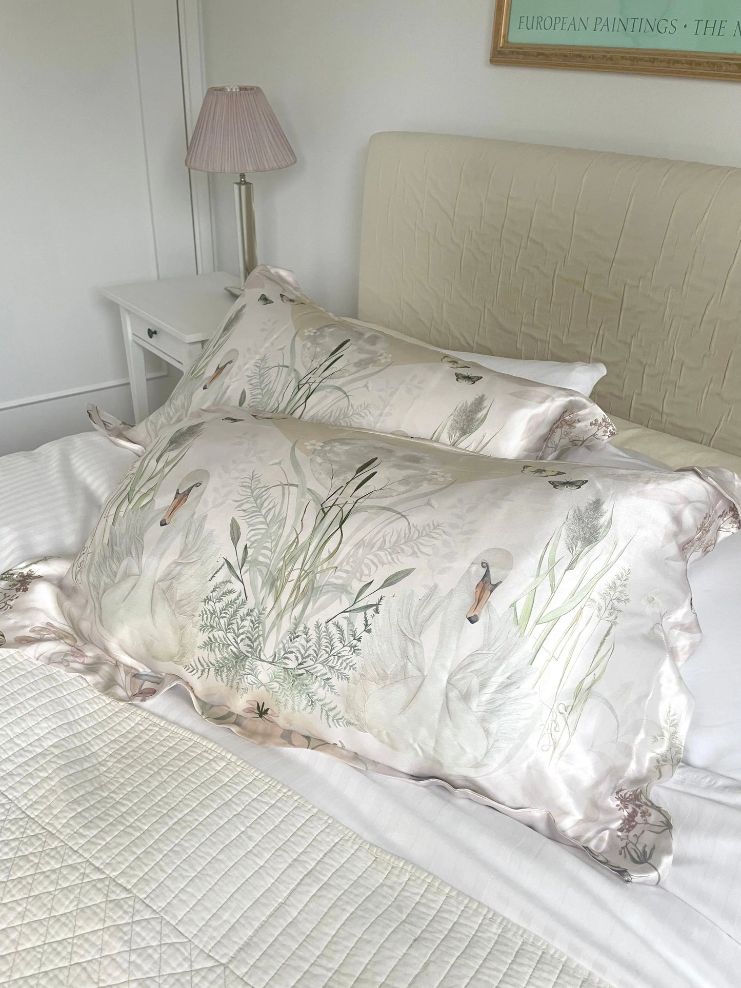 Cream and neutral Silk Pillowcase in hand painted 'Graceful' print, Oxford style Pillowcase Alice Acreman Silks