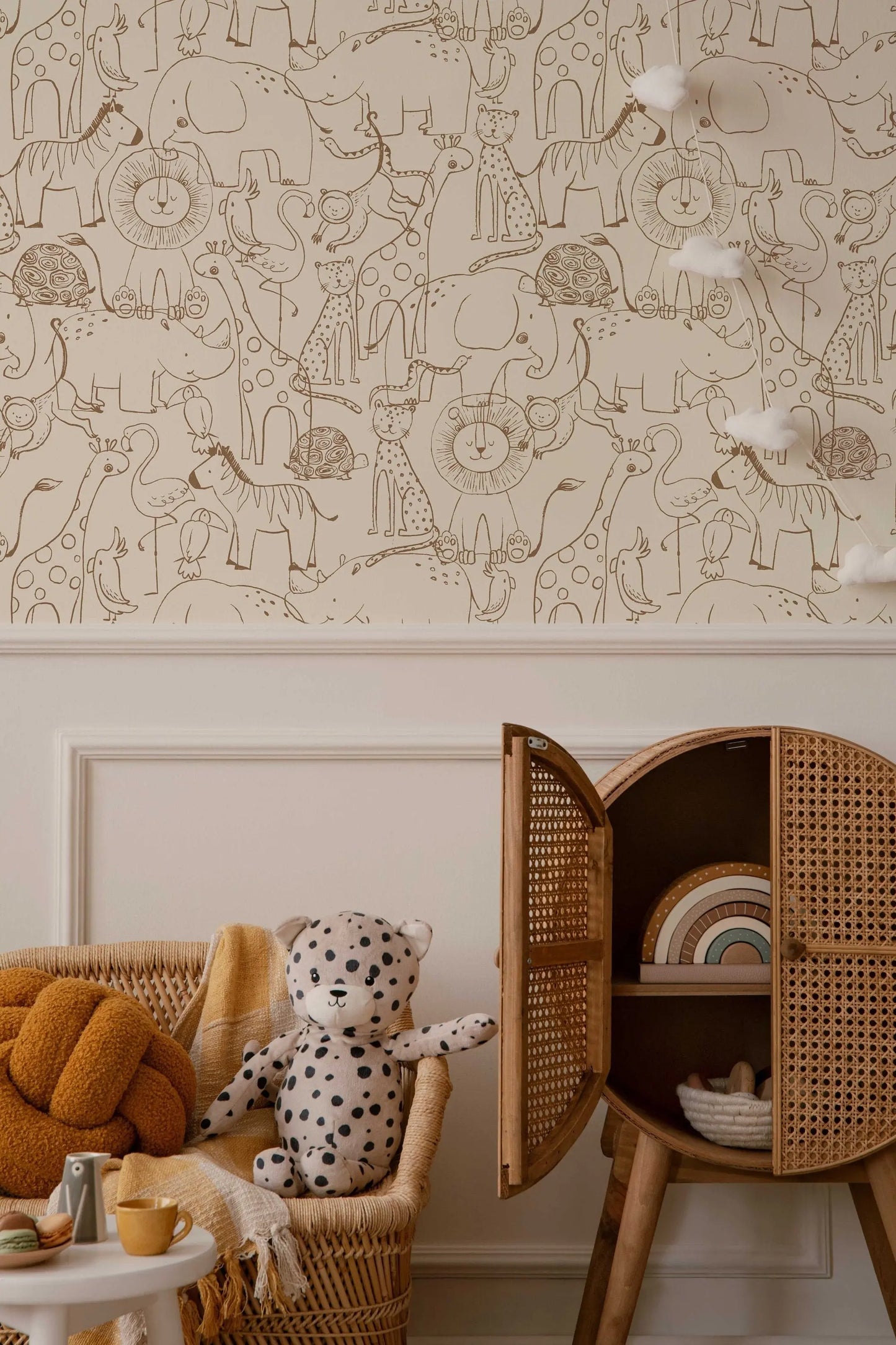 Cute Hand Drawing Safari Animals Wallpaper, Monochrome Animals Kids Wall Mural, Nursery Cartoon Animals Wallpaper, Peel and Stick, Removable ClickWalls