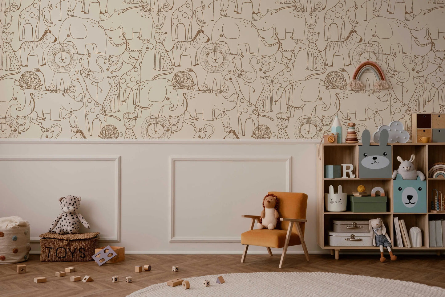 Cute Hand Drawing Safari Animals Wallpaper, Monochrome Animals Kids Wall Mural, Nursery Cartoon Animals Wallpaper, Peel and Stick, Removable ClickWalls