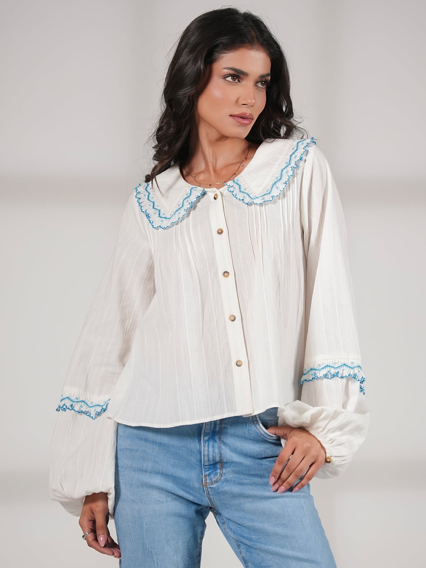 Angie Ivory Embroidered Collar Shirt  Rose & Nancy