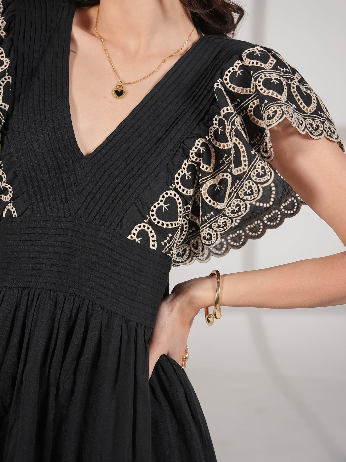 Eleanor Dress Black And White Heart Embroidered Rose & Nancy